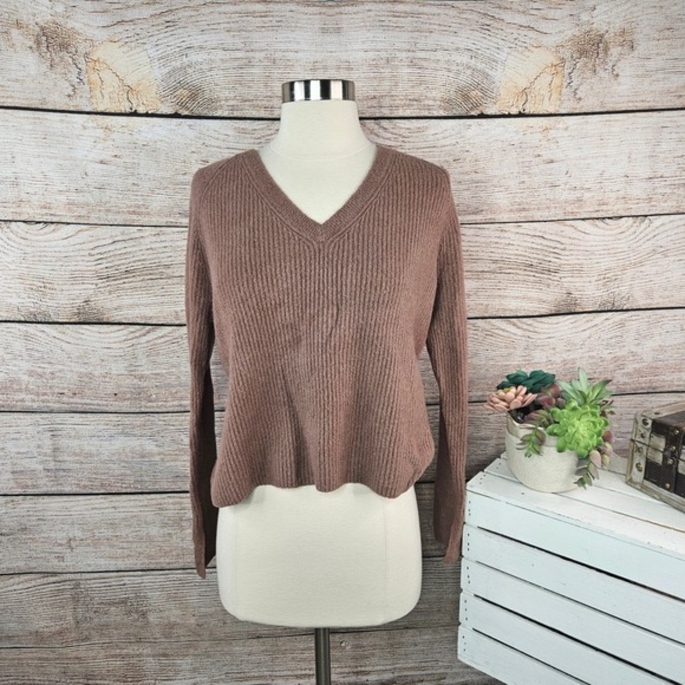 Athleta Ribbed V-Neck Sweater Long Sleeve Casual Top Brown XS